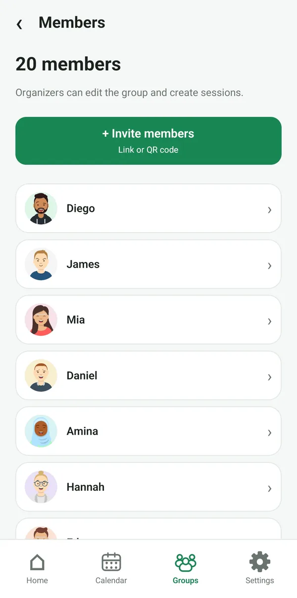 Members screen: Invite members by link or QR code, and the member list.