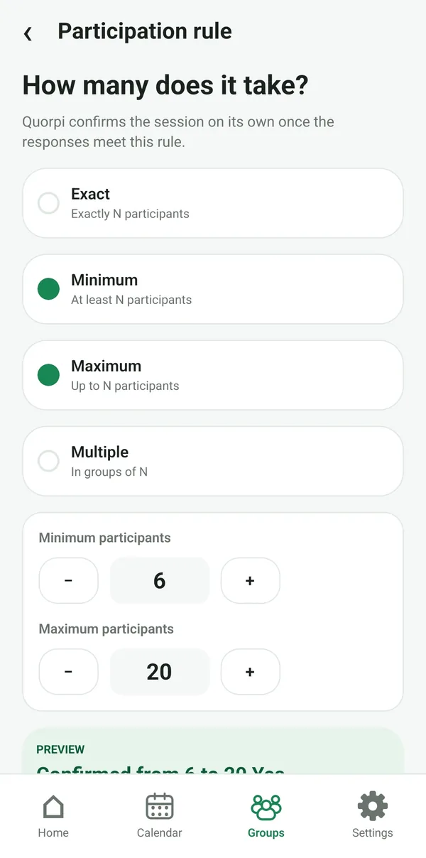 Participation rule screen: exact, minimum, maximum or multiple.