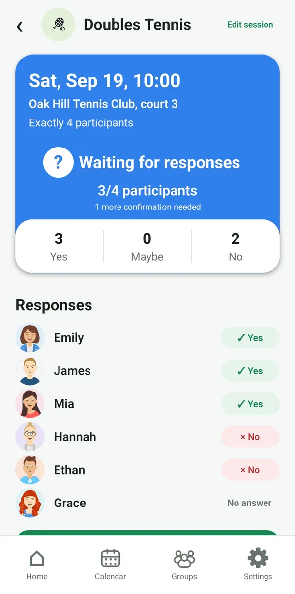 Session waiting for answers: 3 of 4 participants, 1 confirmation missing.