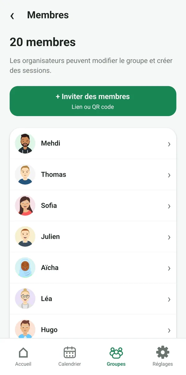 Écran Membres : bouton Inviter des membres par lien ou QR code et liste des membres.